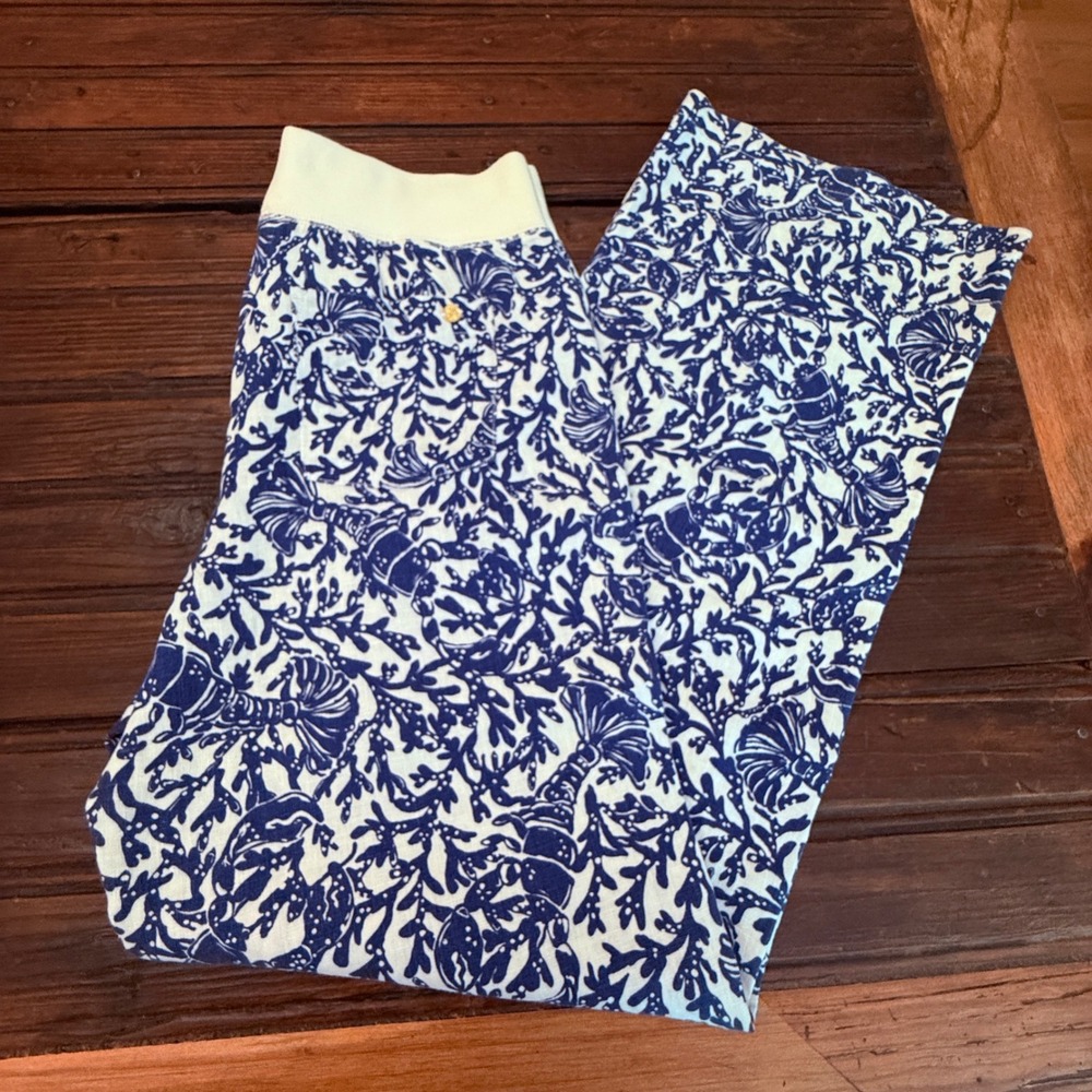 Lilly Pulitzer Blue White Lobster Coral Print Wide Leg Beach Pants Womens Medium